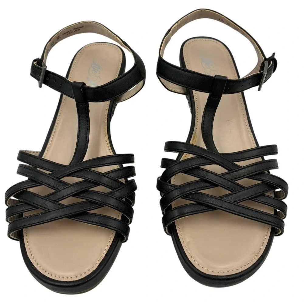 Life Stride Wedge Heel Sandals Ankle Strap Black Feather ‎ 8.5